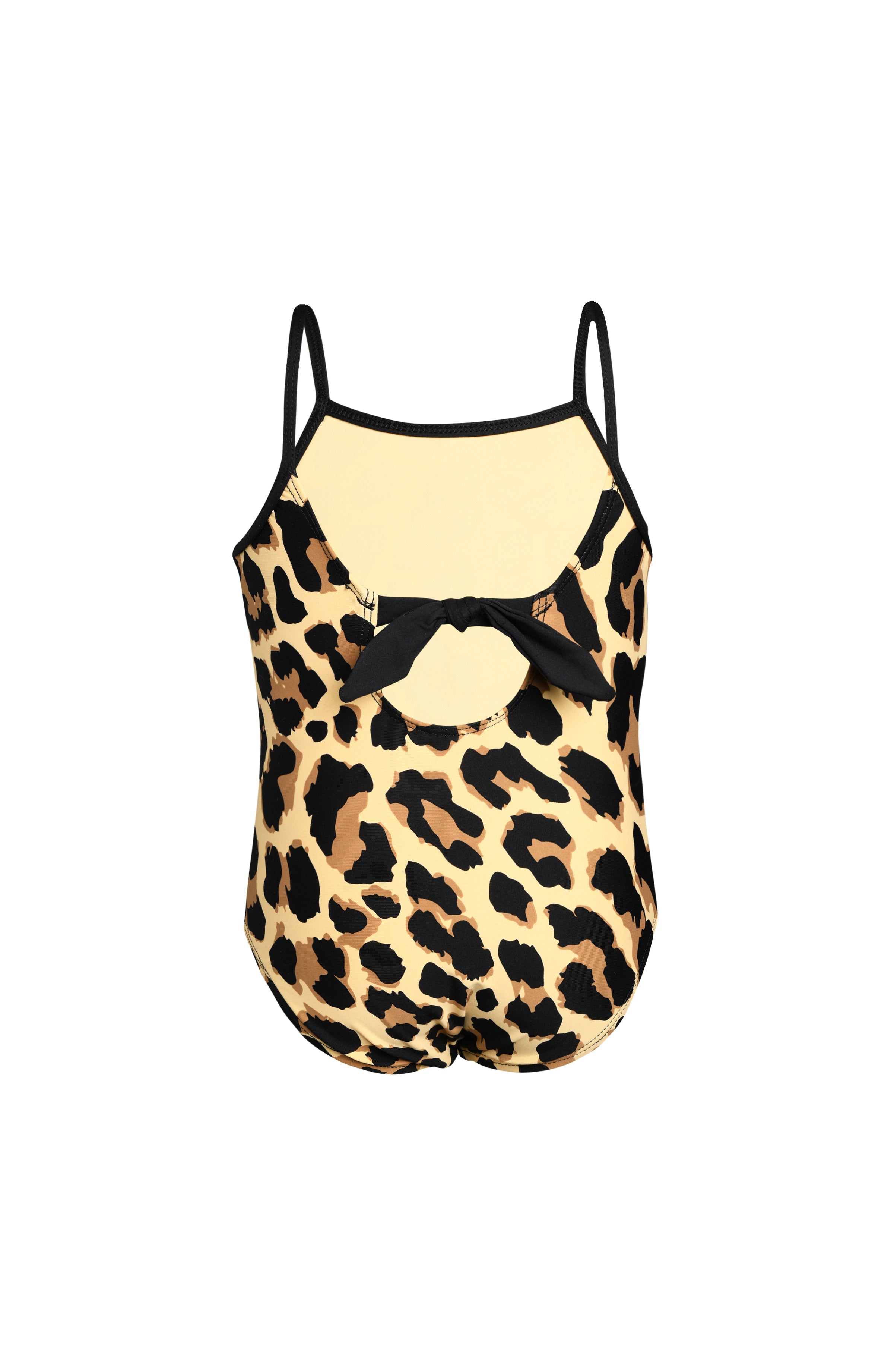 Toddler is wearing a black and tan leopard printed high neck one piece from our Mama and Me Running Wild collection.