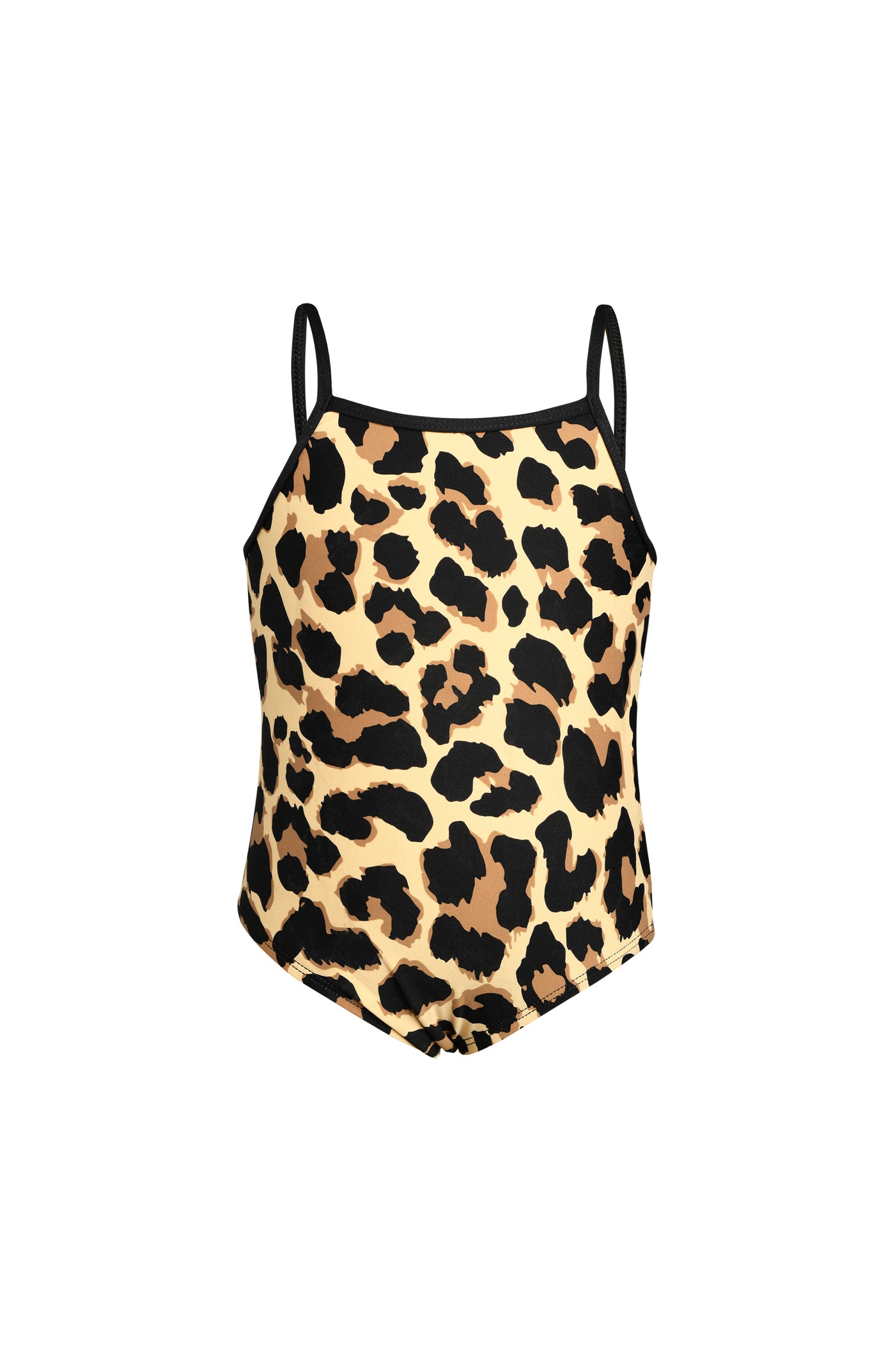 
                  
                    Toddler is wearing a black and tan leopard printed high neck one piece from our Mama and Me Running Wild collection.
                  
                