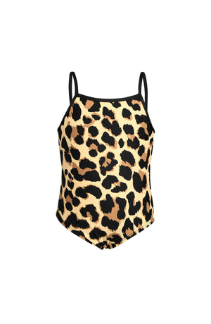 Toddler is wearing a black and tan leopard printed high neck one piece from our Mama and Me Running Wild collection.