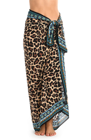 Model is wearing a dual aqua blue and leopard printed pareo wrap cover up from our Running Wild collection.