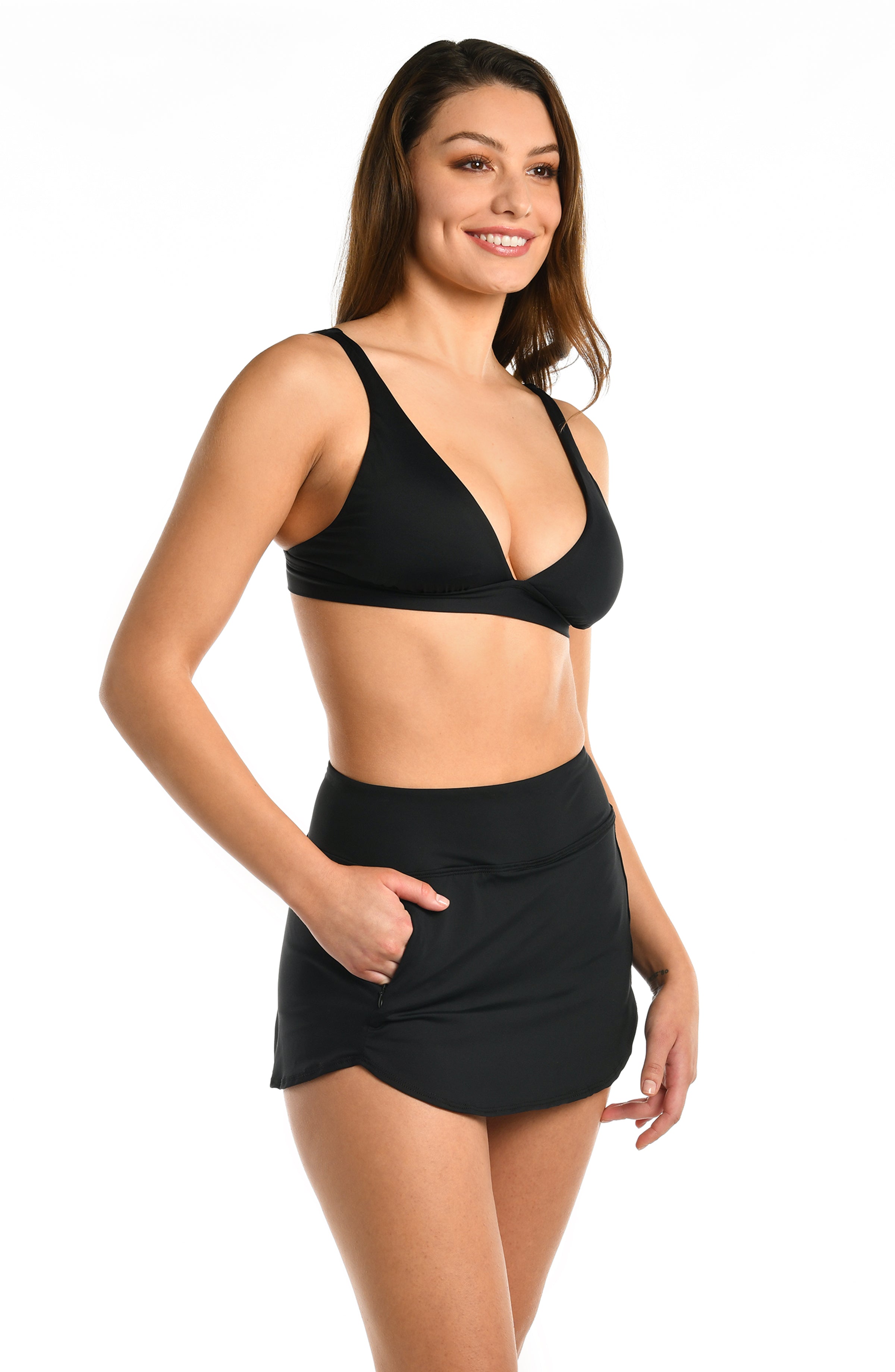 Model is wearing a black skirted swimsuit bottom from our Best-Selling Island Goddess collection.