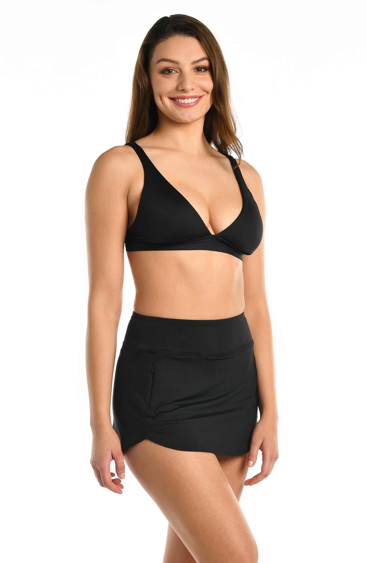 Model is wearing a black skirted swimsuit bottom from our Best-Selling Island Goddess collection.