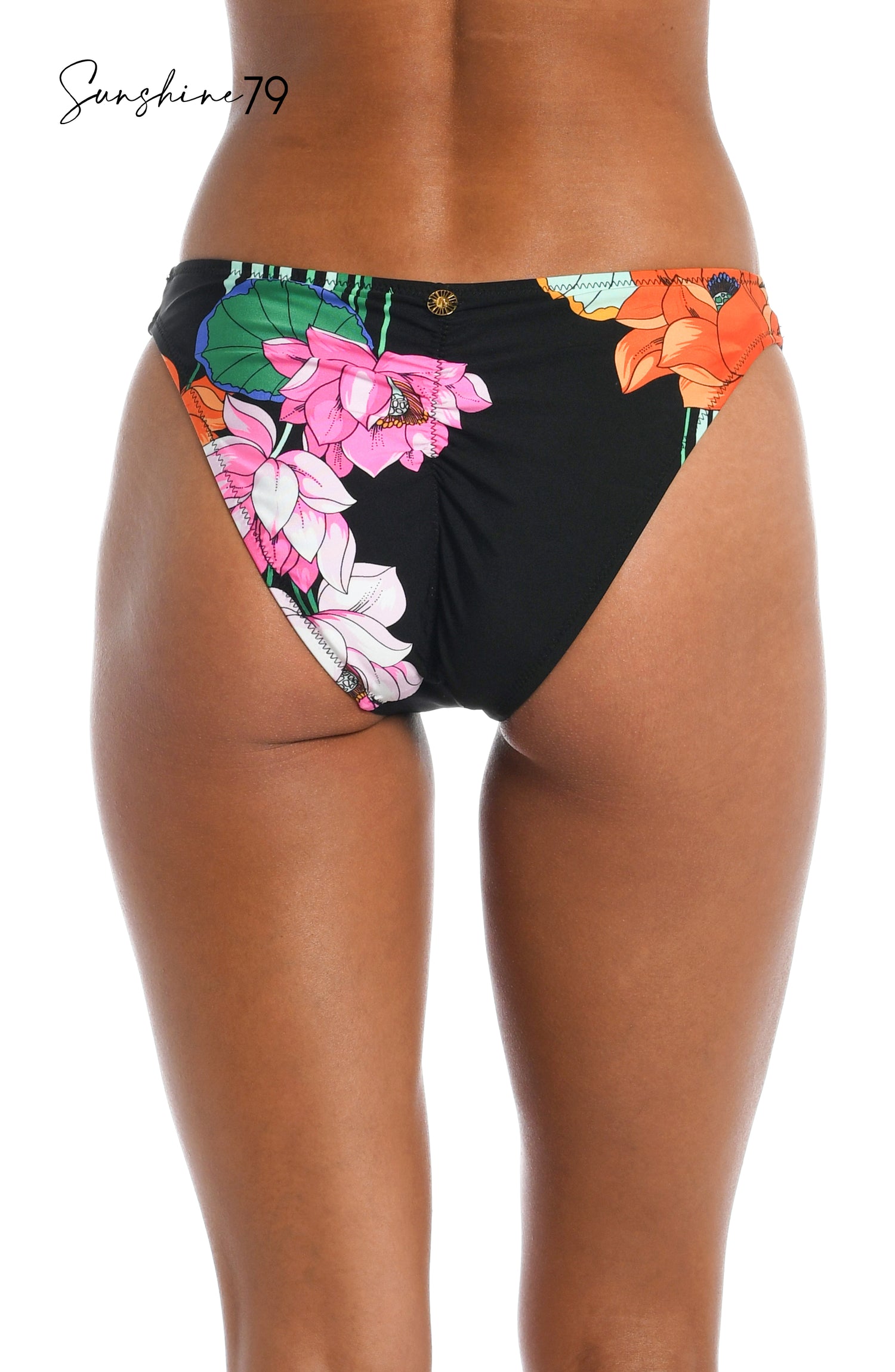 Model is wearing a black multi colored tropical printed hipster bottom from our Mystic Lotus collection!