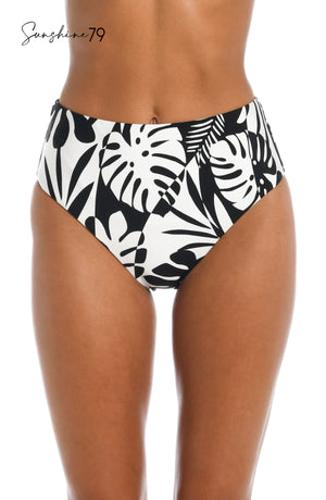 Model is wearing a black and white multi colored tropical printed high waist bottom from our Optic Tropic collection!