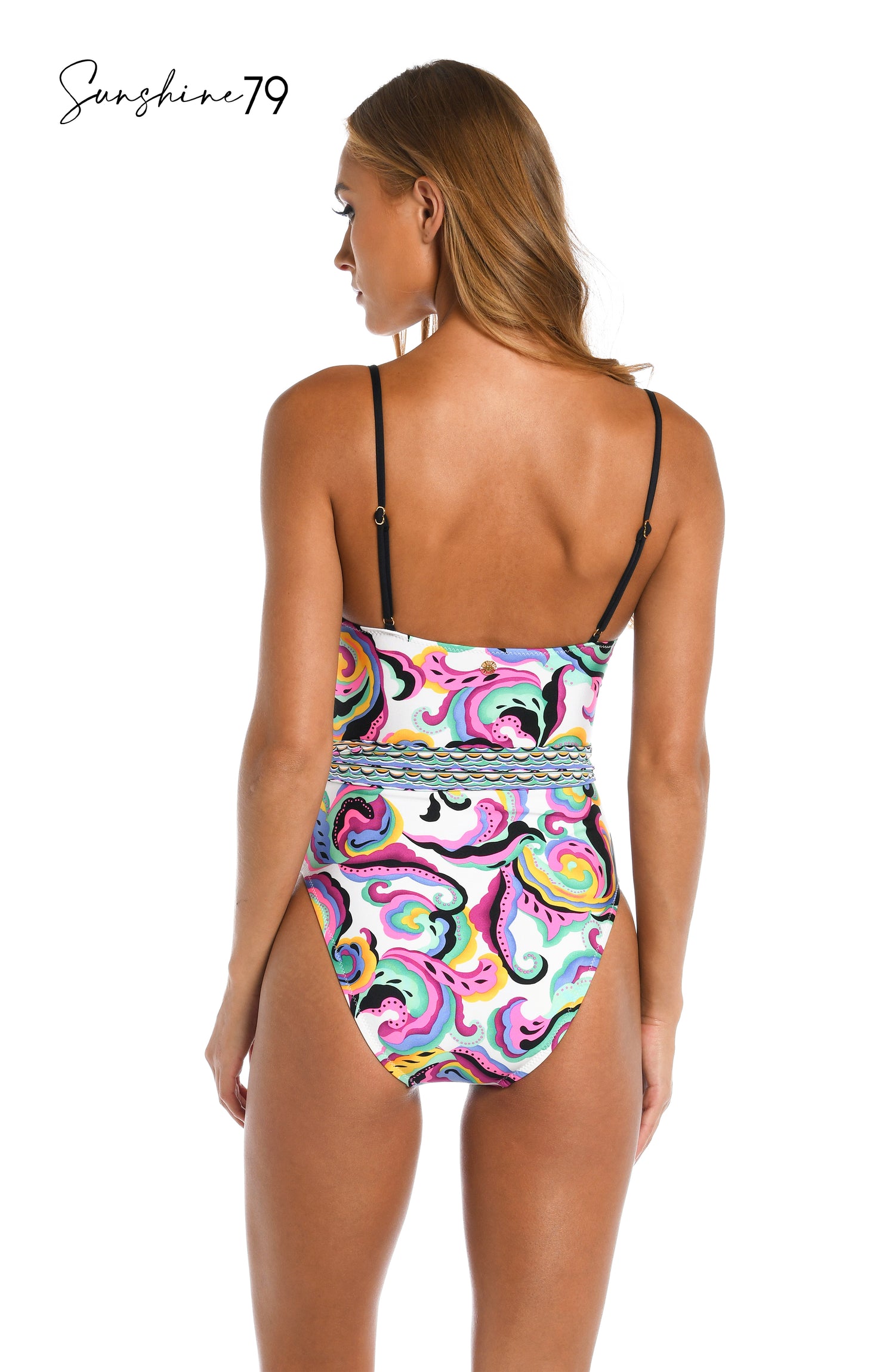 Model is wearing a multicolored swirl printed over the shoulder one piece from our Sunshine 79 brand.