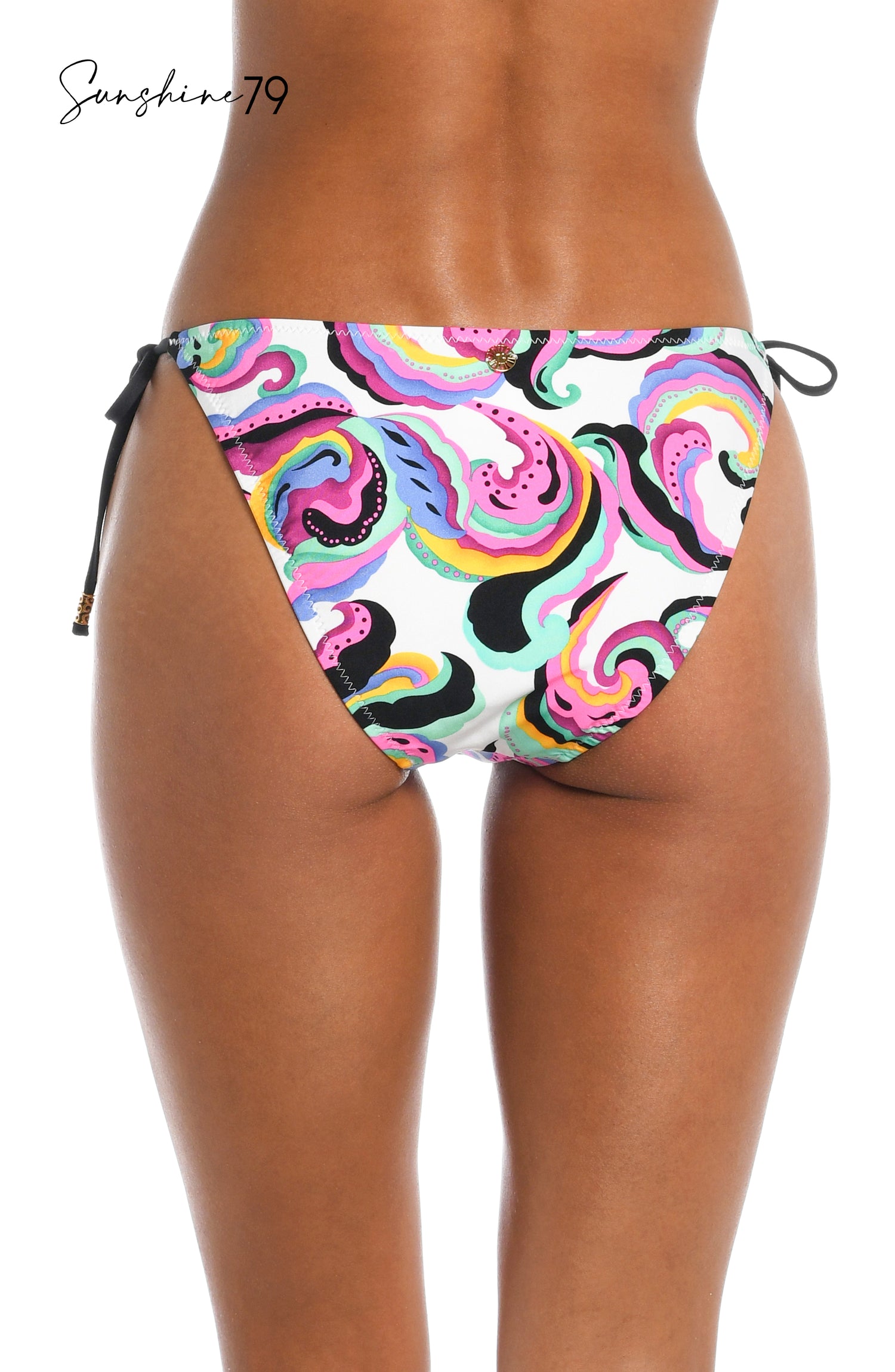 Model is wearing a multicolored swirl printed side tie hipster bottom from our Sunshine 79 brand.