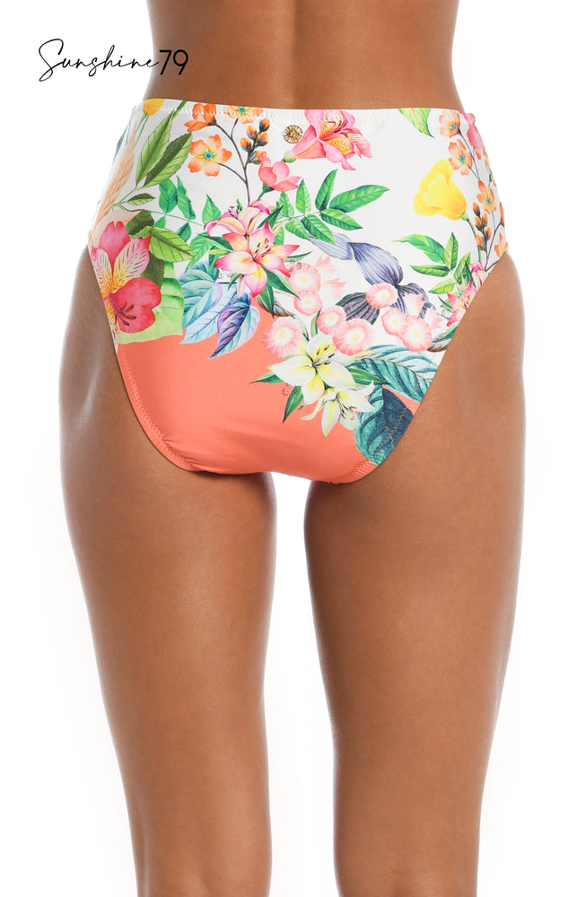 Model is wearing a coral multicolored floral printed high waist bikini bottom from our Sunshine 79 brand.