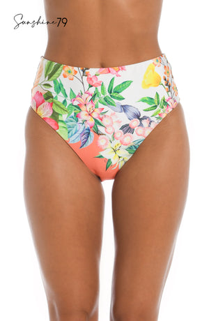 Model is wearing a coral multicolored floral printed high waist bikini bottom from our Sunshine 79 brand.