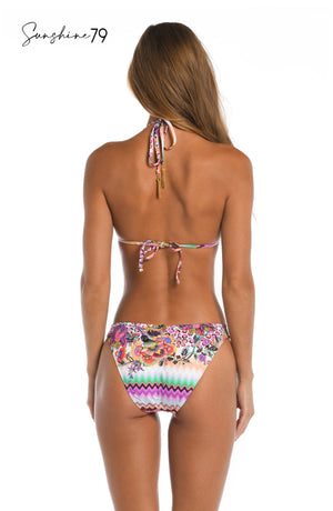 Model is wearing a pink multicolored floral and striped printed halter triangle bikini top from our Sunshine 79 brand.