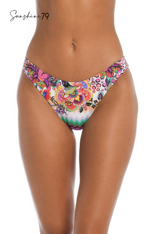 
            
                Load image into Gallery viewer, Model is wearing a pink multicolored floral and striped printed french cut bikini bottom from our Sunshine 79 brand.
            
        