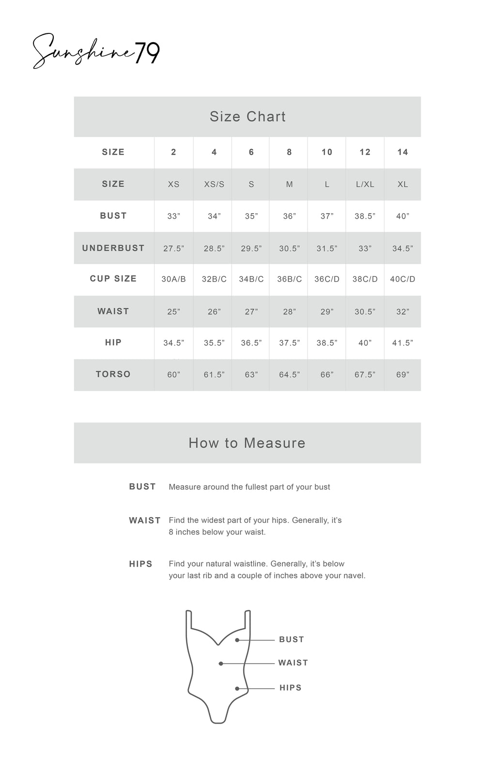 This is an image of our Sunshine 79 Swimwear Size Chart