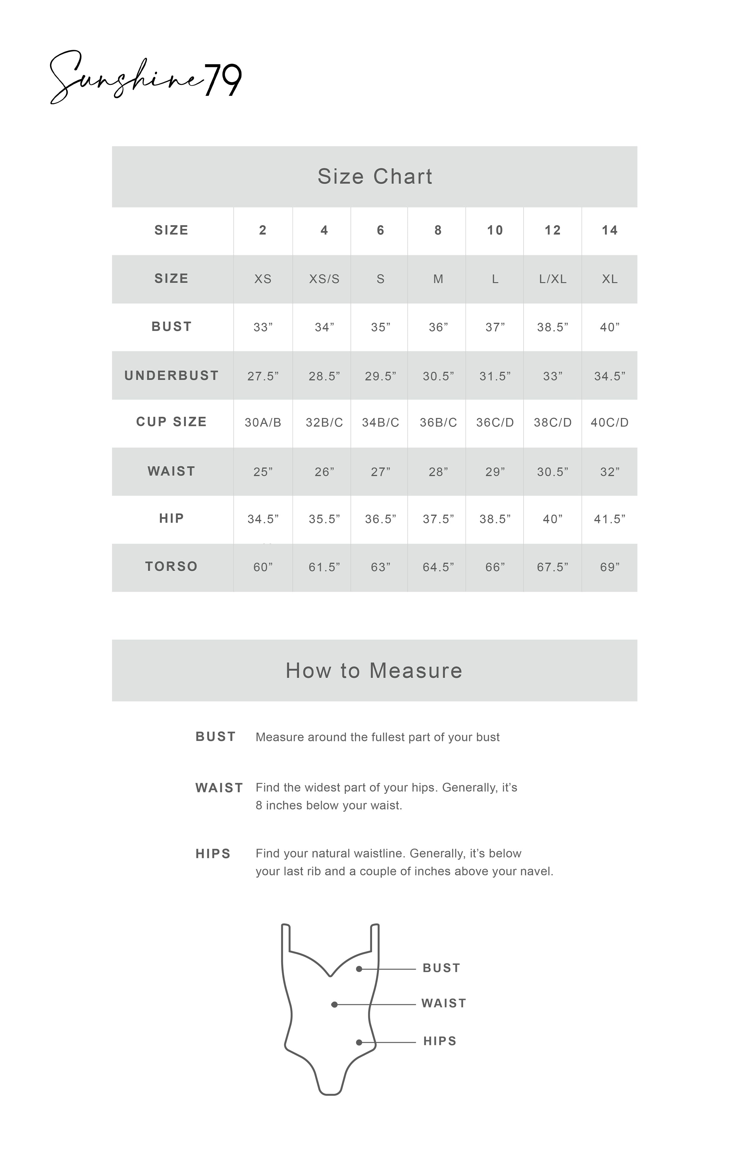 This is an image of our Sunshine 79 Swimwear Size Chart