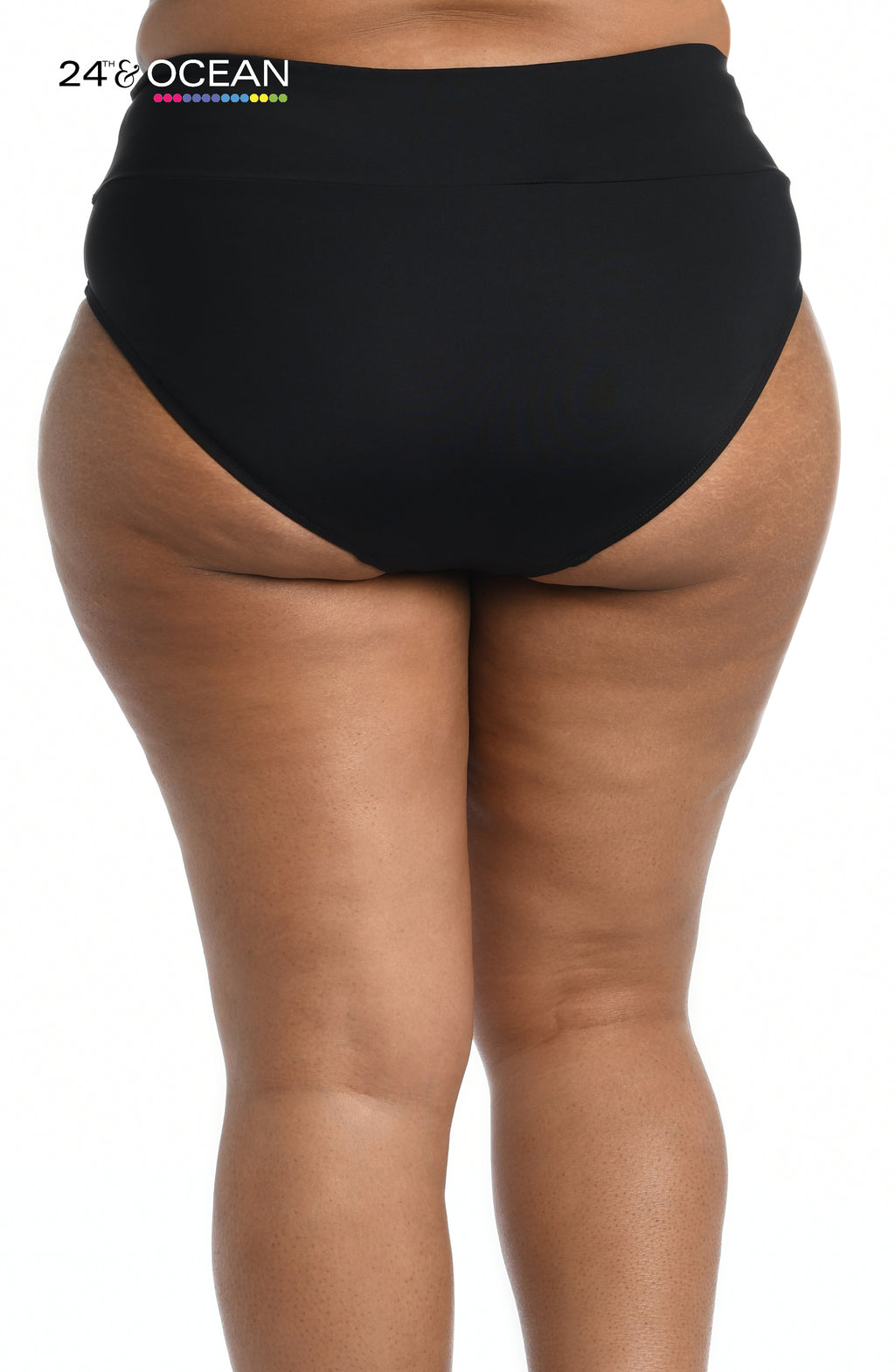 Model is wearing a solid black colored high waist bikini bottom from our 24th & Ocean brand.