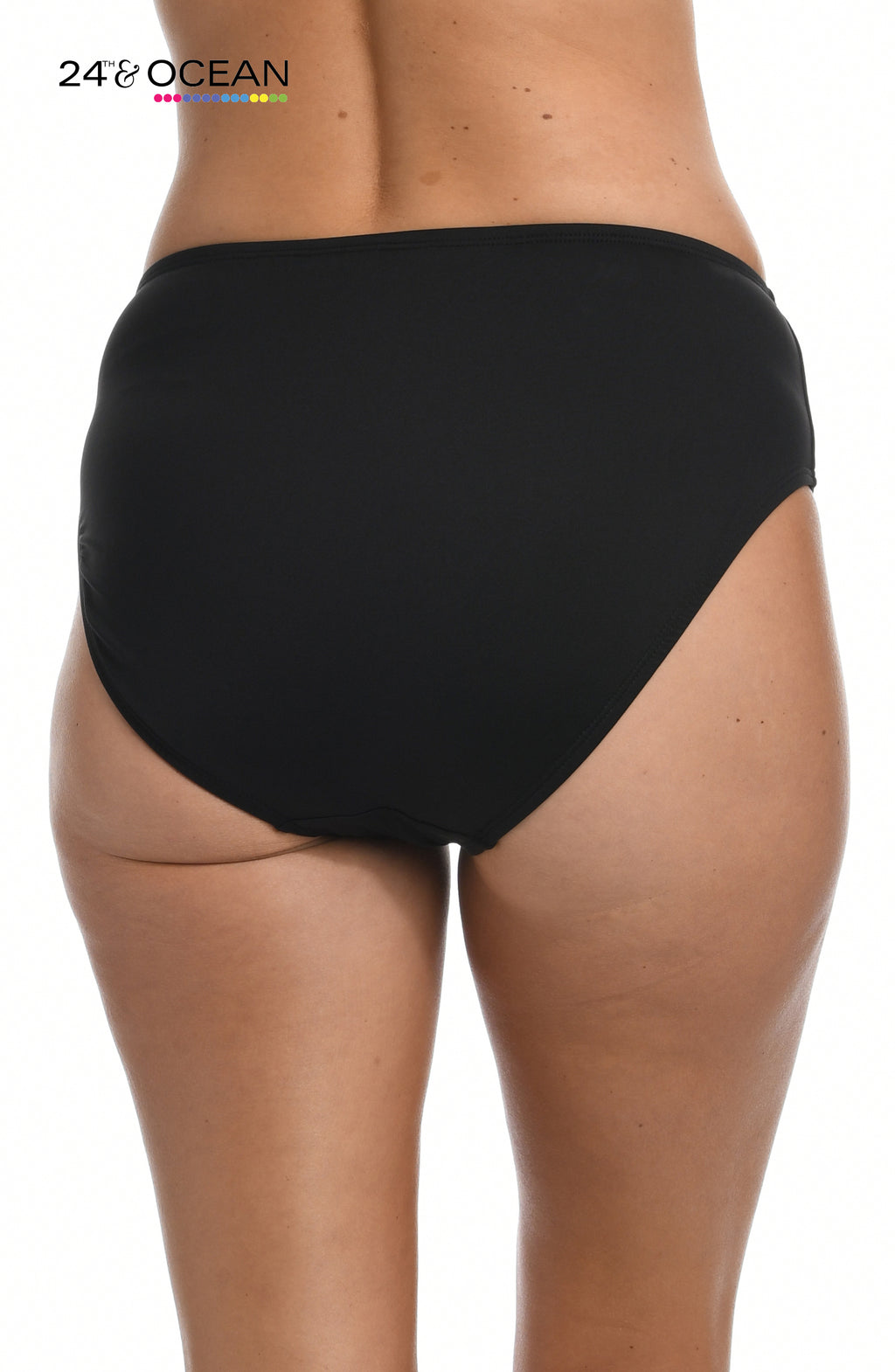 Model is wearing a solid black colored high waist bikini bottom from our 24th & Ocean brand.