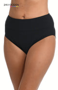 Model is wearing a solid black colored high waist bikini bottom from our 24th & Ocean brand.