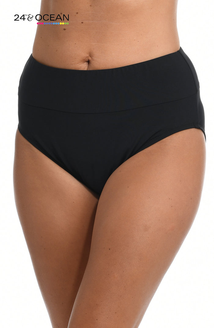 Model is wearing a solid black colored high waist bikini bottom from our 24th & Ocean brand.
