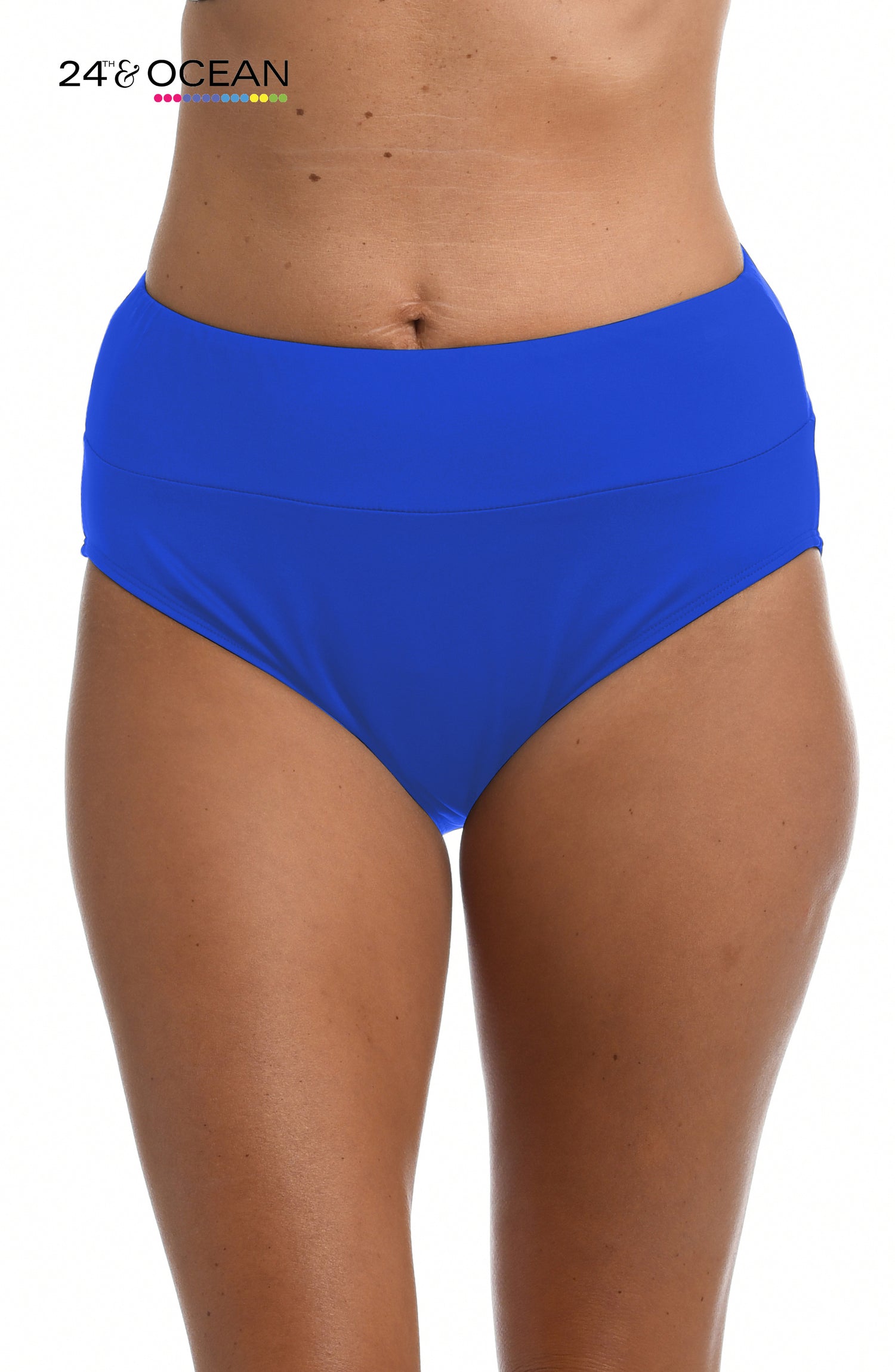 Model is wearing a solid sapphire blue colored high waist bikini bottom from our 24th & Ocean brand.