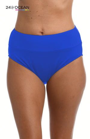 
            
                Load image into Gallery viewer, Model is wearing a solid sapphire blue colored high waist bikini bottom from our 24th &amp;amp; Ocean brand.
            
        