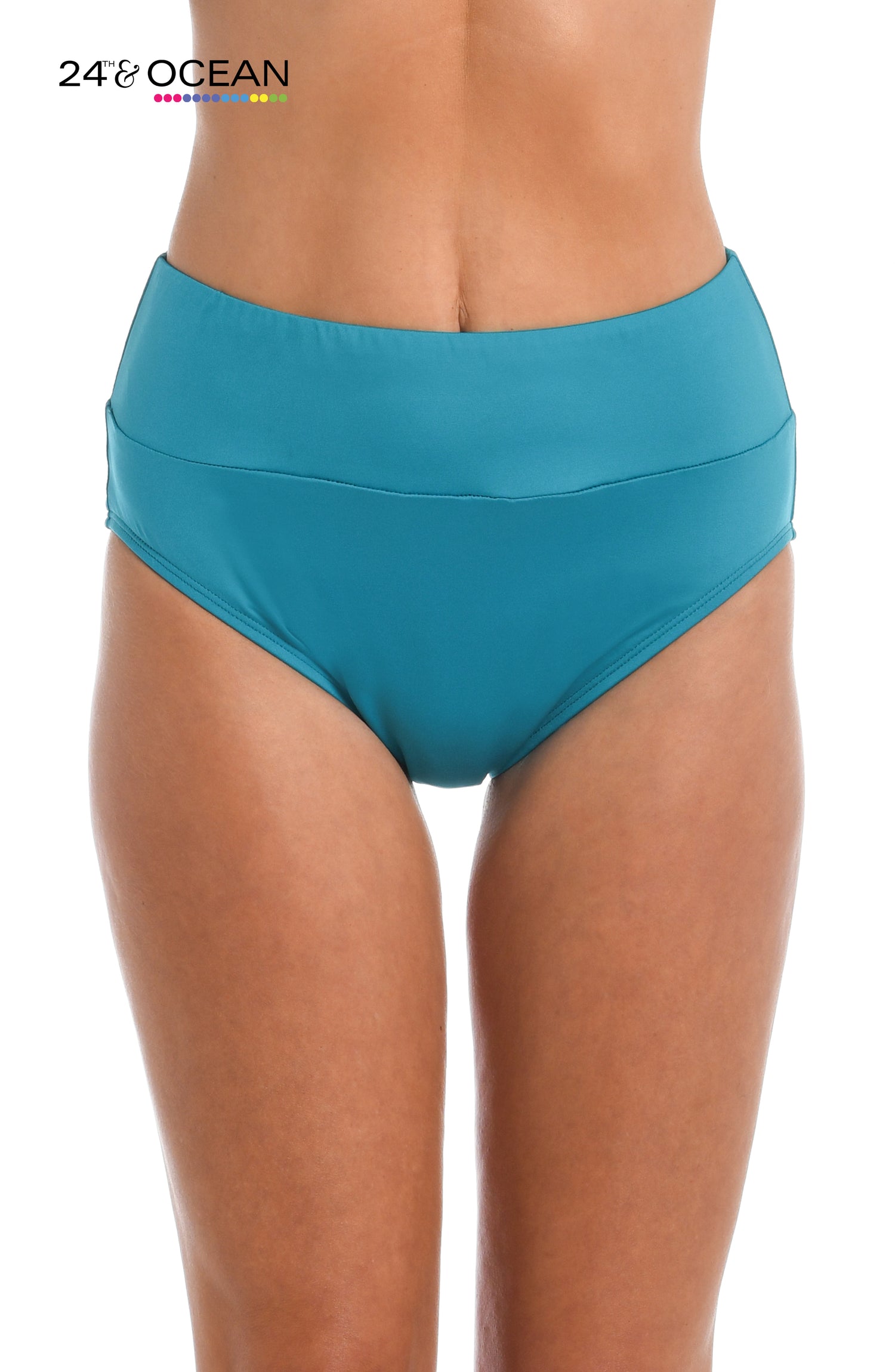 Model is wearing a solid teal colored high waist bikini bottom from our 24th & Ocean brand.