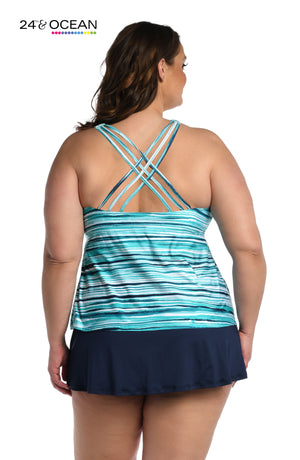 
            
                Load image into Gallery viewer, Model is wearing a teal multi colored striped printed over the shoulder tankini top from our Seaside Breeze collection!
            
        