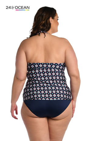 
            
                Load image into Gallery viewer, Model is wearing a midnight multi colored geometric printed high neck tankini top from our Alexandria Tile collection!
            
        