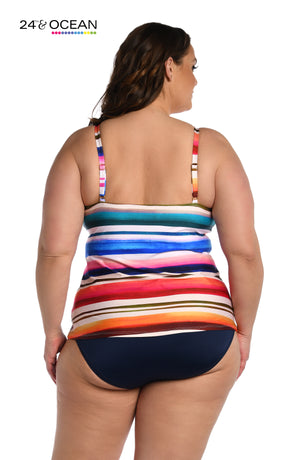 
            
                Load image into Gallery viewer, Model is wearing a bold multi colored striped high neck tankini top from our Sunset Stripe collection!
            
        