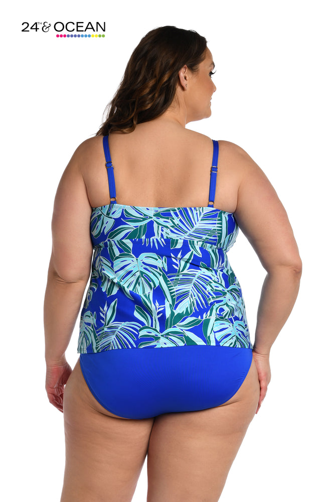 Model is wearing a sapphire multi colored tropical printed high neck tankini top from our West Palms collection!