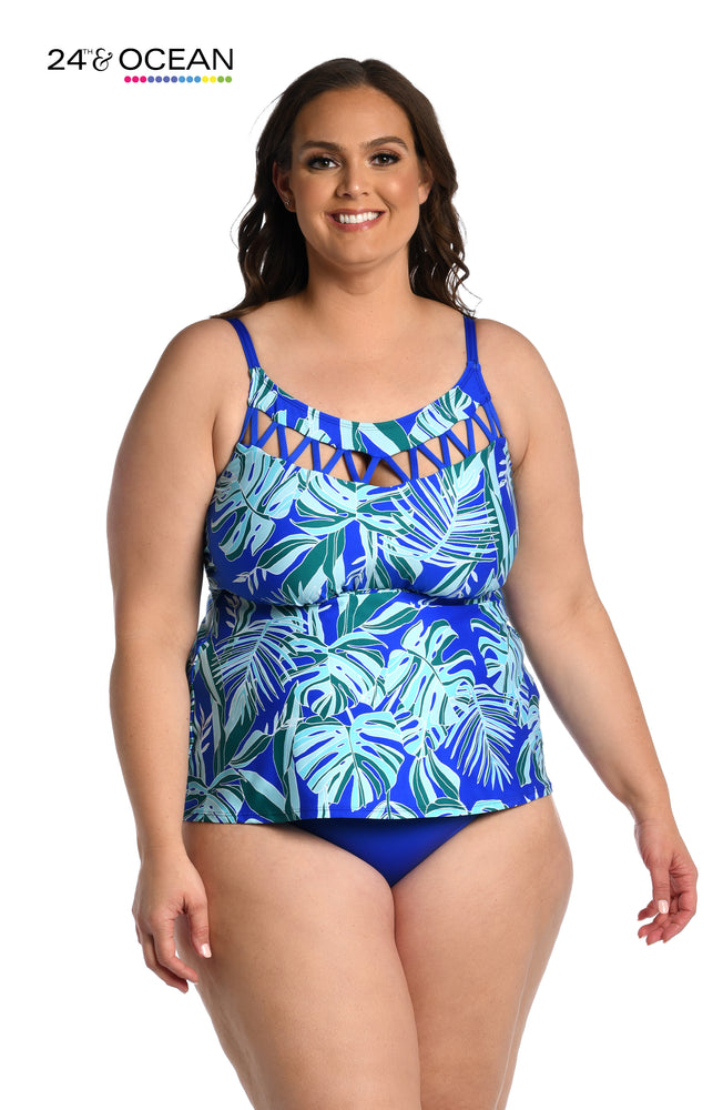 Model is wearing a sapphire multi colored tropical printed high neck tankini top from our West Palms collection!