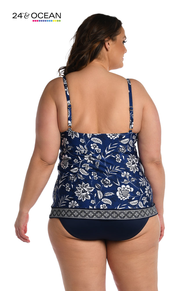 Model is wearing an indigo multi colored foral printed high neck tankini top from our Bali Batik collection!