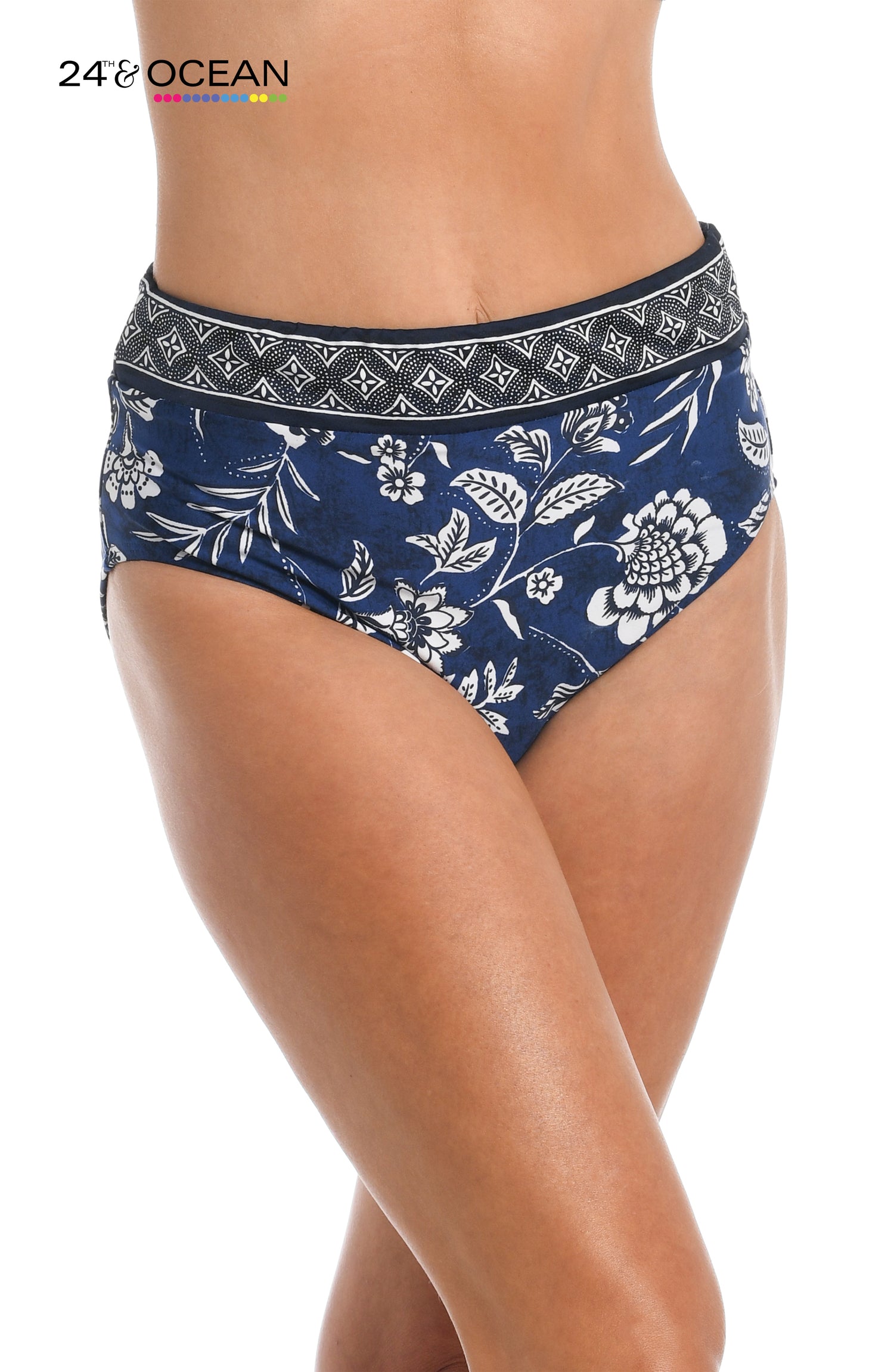 Model is wearing an indigo multi colored foral printed high waist bottom from our Bali Batik collection!