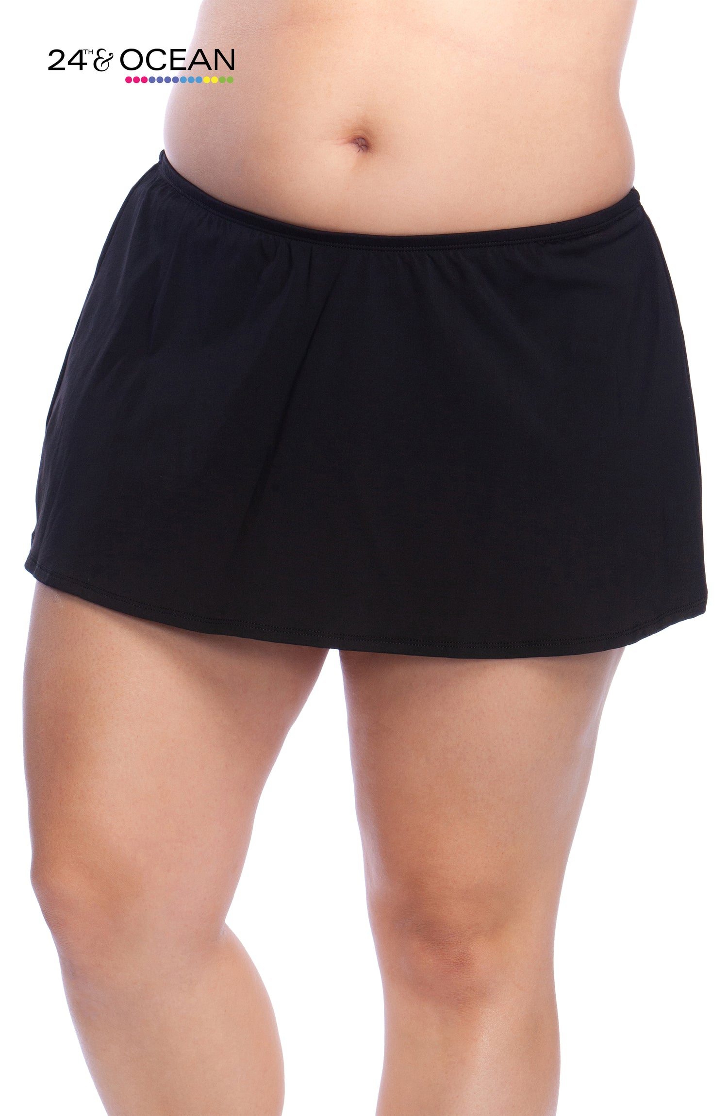 Model is wearing a solid black colored skirted hipster bottom from our 24th & Ocean brand.