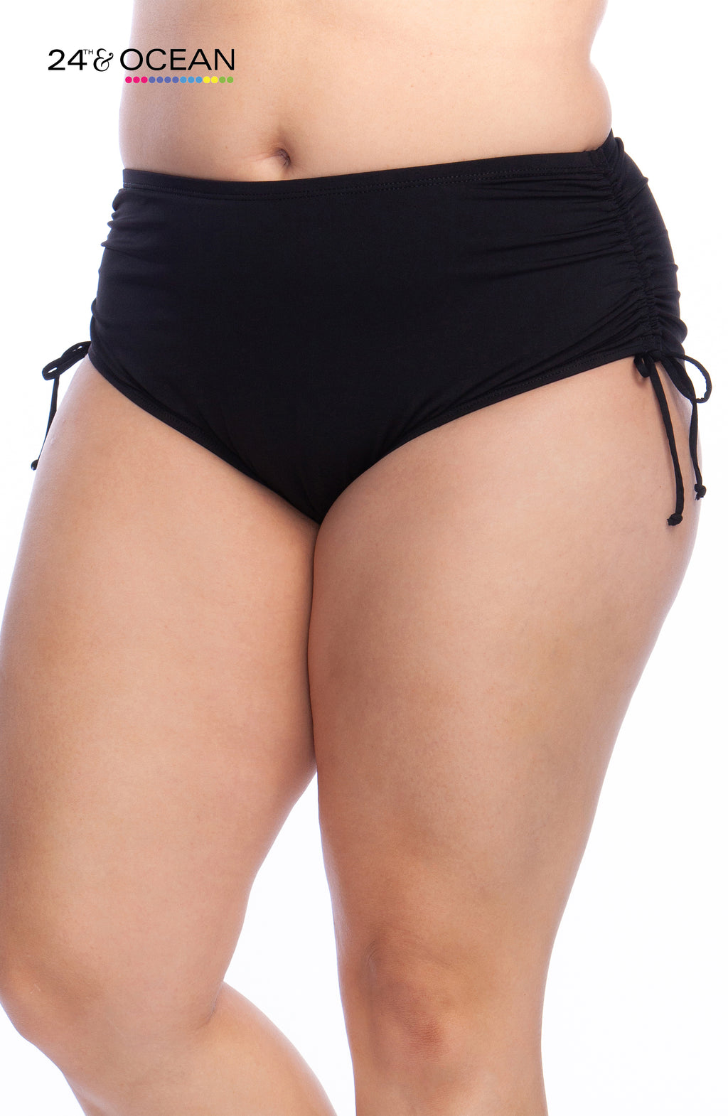 Model is wearing a solid black colored mid waist adjustable hipster bikini bottom from our 24th & Ocean brand.