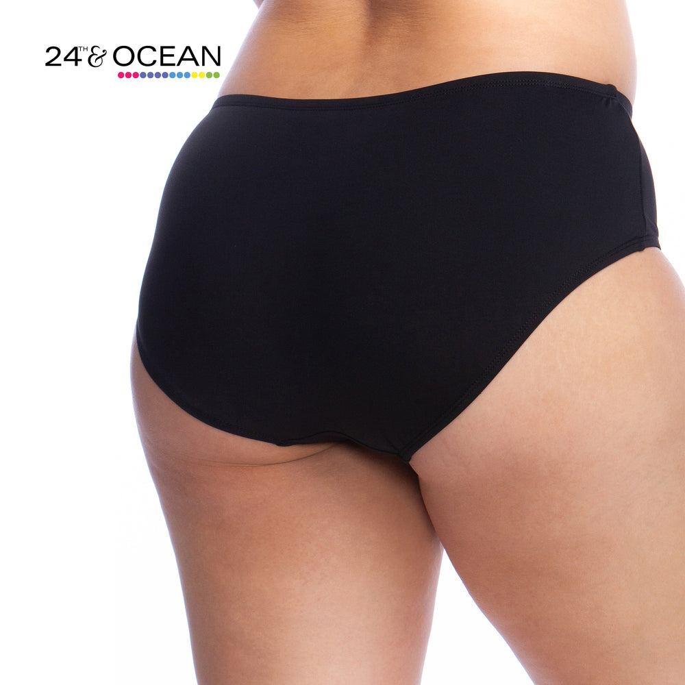 Model is wearing a solid black colored mid waist hipster bikini bottom from our 24th & Ocean brand.