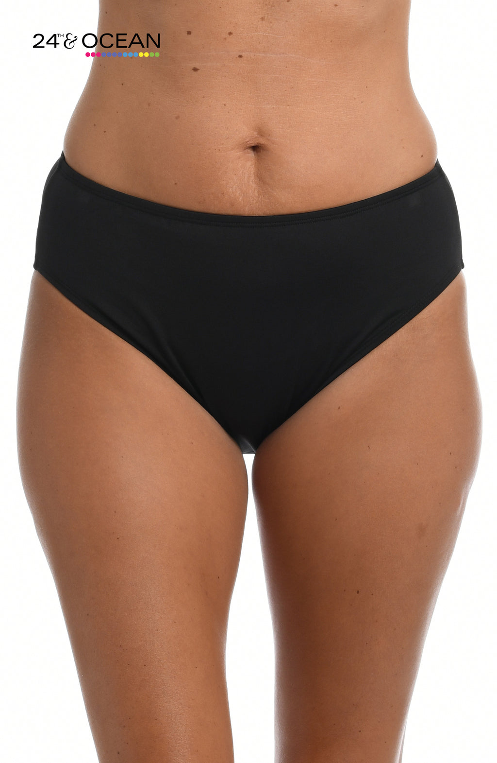 Model is wearing a solid black colored mid waist hipster bikini bottom from our 24th & Ocean brand.