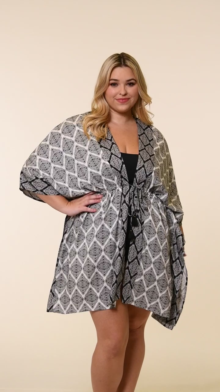 This is a video of a Model is wearing a black and white geometric printed kimono cover up from our Oasis Tile collection!